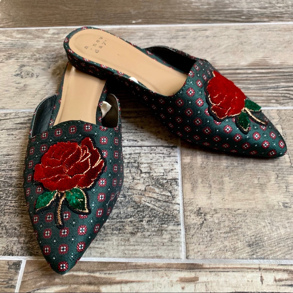 A New Day Pointed Mules w/Red Rose